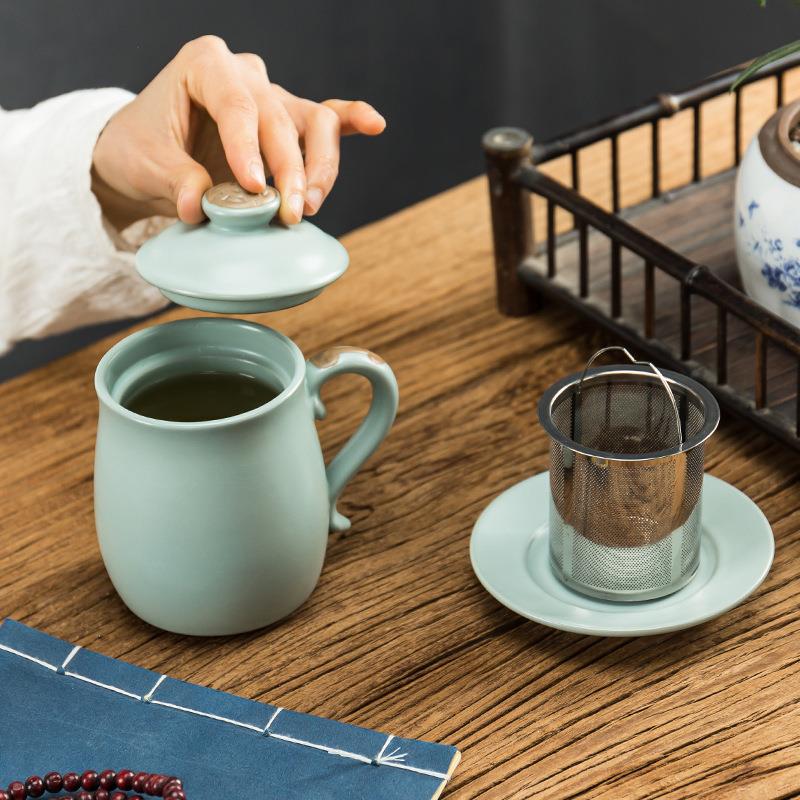 汝窑茶杯开片个人杯子办公室茶具带盖陶瓷四件套过滤开片主人单杯