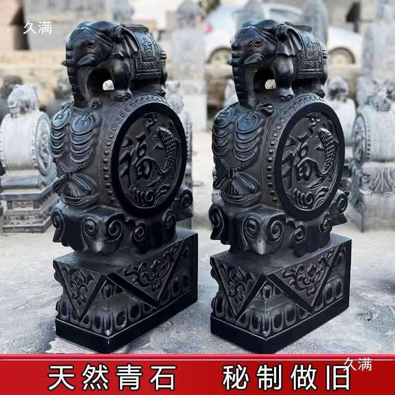 石雕门墩抱鼓石一对用庭院貔貅青石仿古麒麟门口石鼓摆件石
