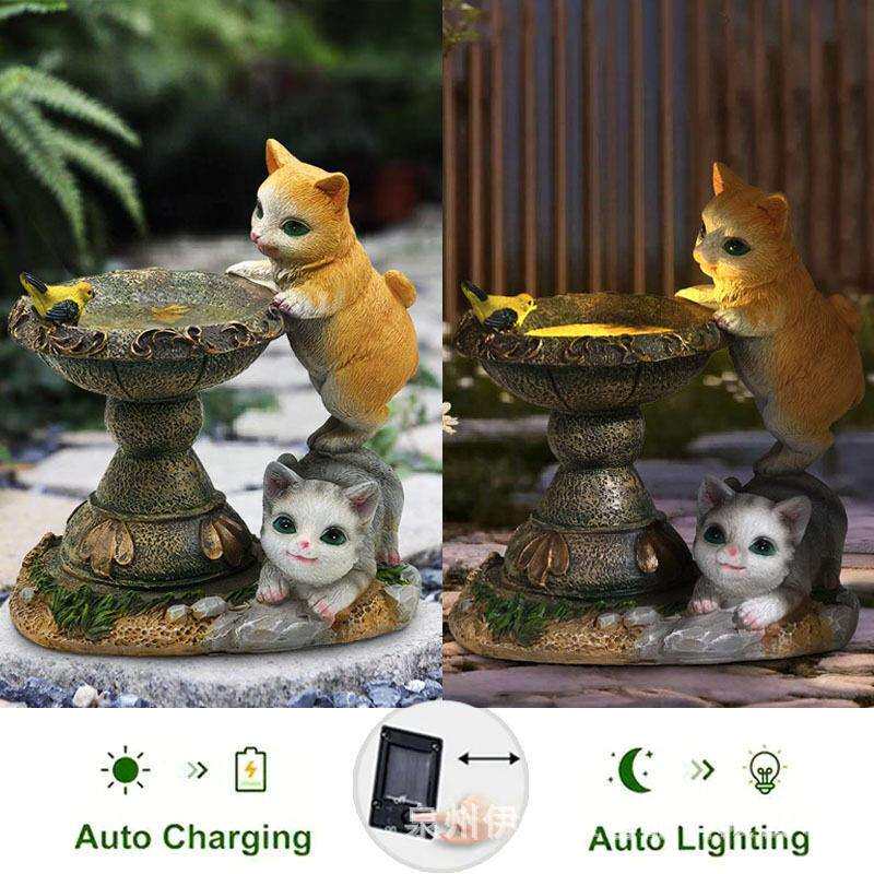 双猫爬盆鱼池太阳能灯户外花园阳台草坪庭院装饰树脂工艺跨境热卖