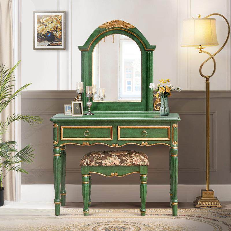 欧式梳妆台 实木简约奢华美式乡村化妆桌凳复古带镜子祖母绿1米宽