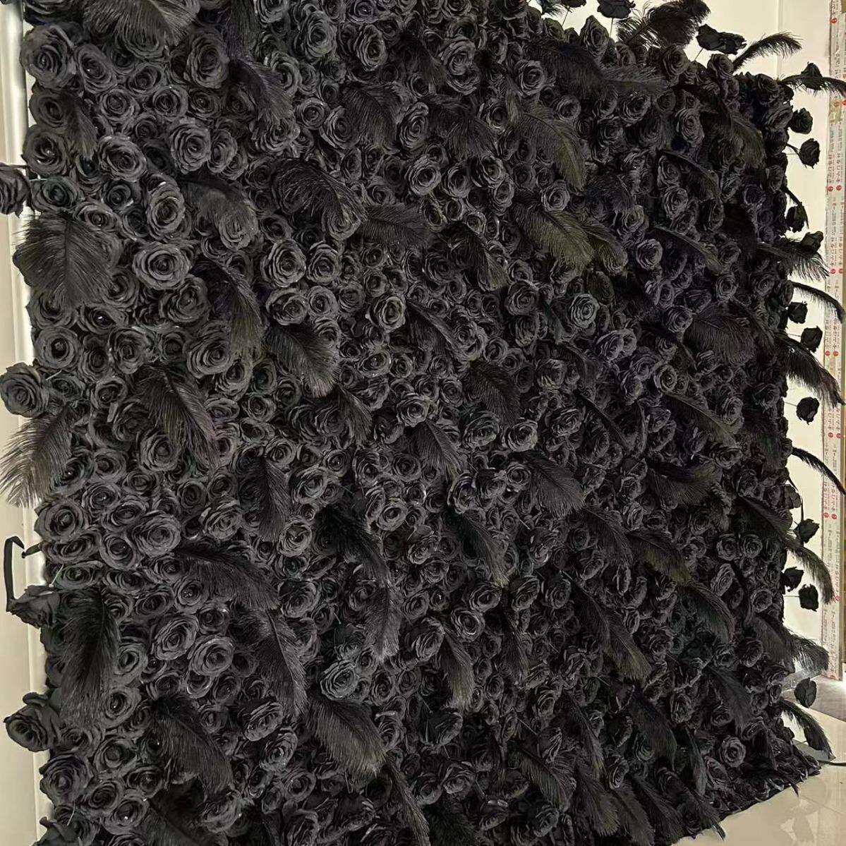优选亚马逊仿真花网红墙布置 仿真黑色玫瑰花墙 黑色羽毛布底花墙