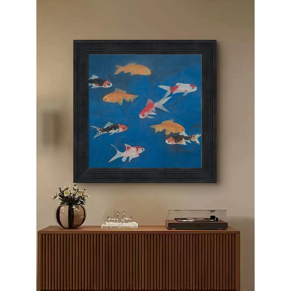 中古风九鱼图手绘油画客厅装饰画聚财金鱼年年有余入户门玄关挂画