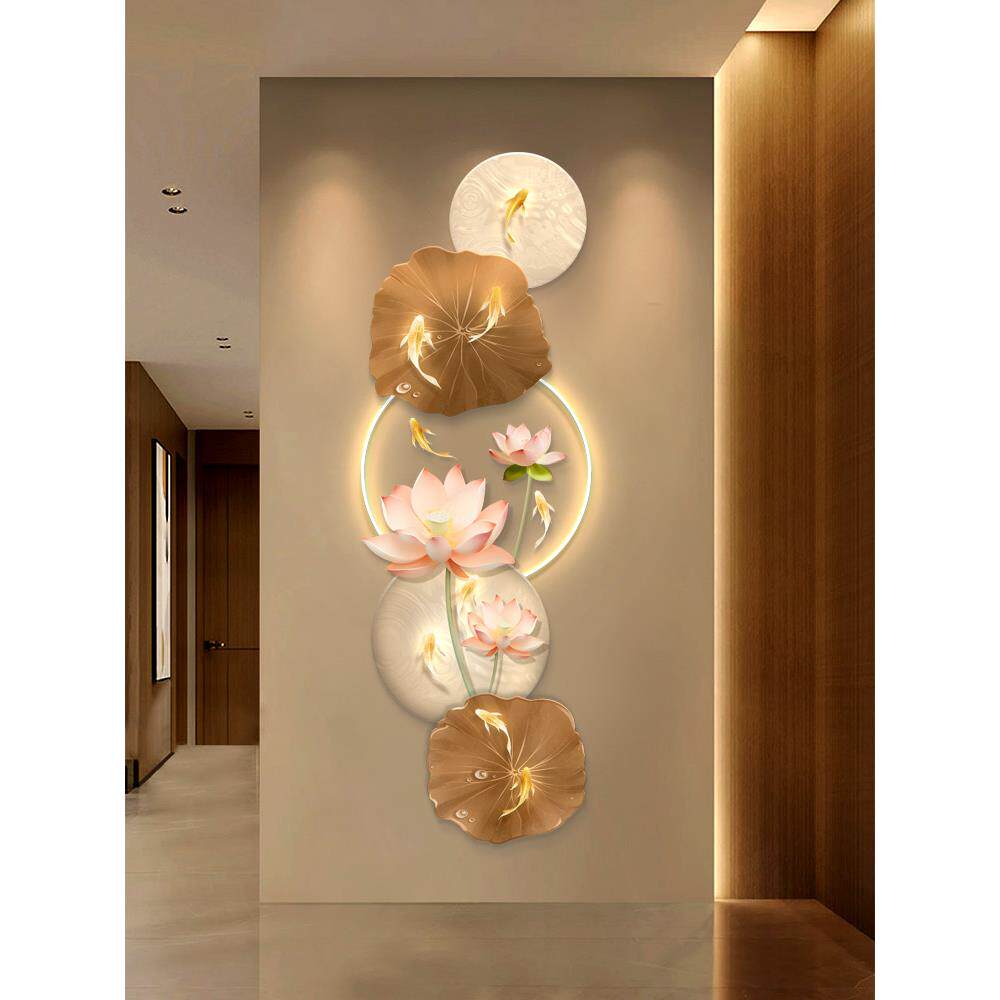 荷花九鱼图玄关装饰画现代轻奢LED灯光画走廊过道发光艺术壁灯画