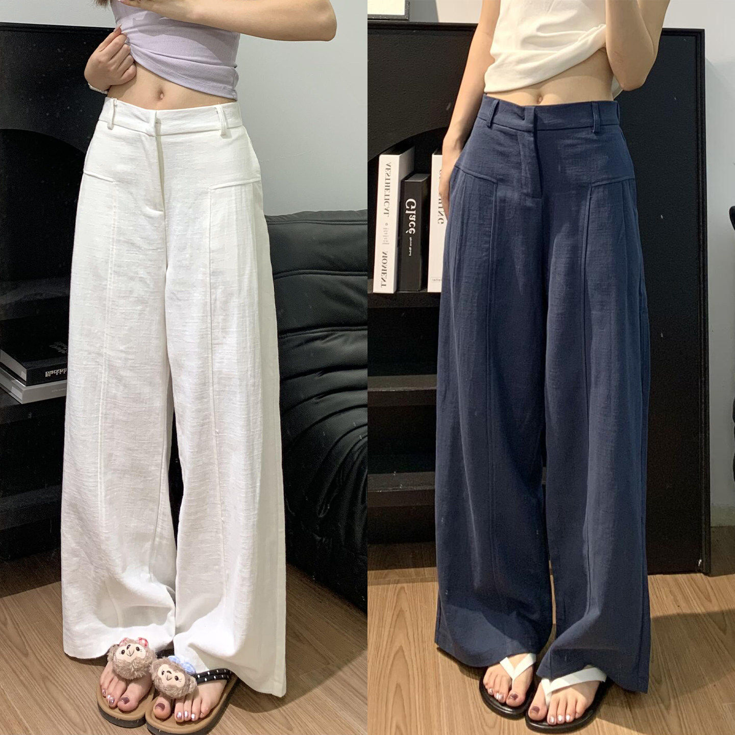 白色棉麻西装裤女夏季2025新款高腰垂感老钱风直筒亚麻苎麻阔腿裤