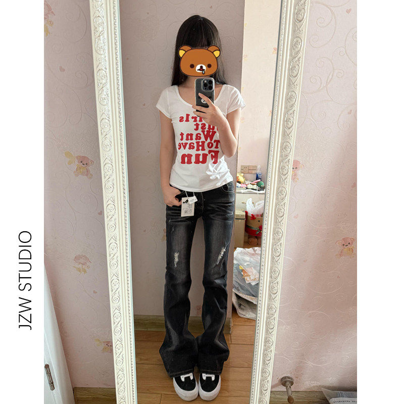 美式中古黑低腰弹力微喇牛仔裤女春夏新款修身显瘦垂感拖地马蹄裤