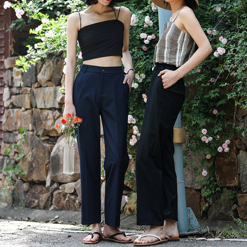 春夏直筒西装裤休闲 裤烟管窄版阔腿裤黑色西装裤小个子专享九分