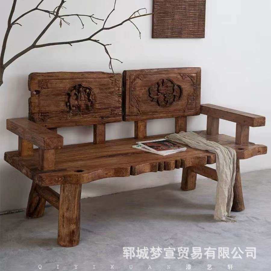 新中式老榆木贵妃榻复古三人沙发椅雕花诧寂风休息躺椅民宿靠背椅