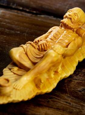崖柏木实木禅意一叶渡江达摩木雕家居创意摆件睡梦罗汉客厅工艺品