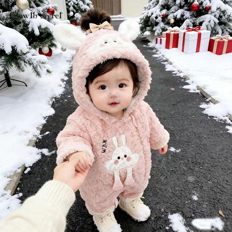 500g夹棉婴儿连帽棉袄冬加绒加厚宝宝外出服可爱卡通棉服