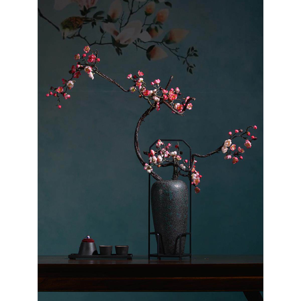 中式仿真梅花假花禅意绢花客厅插花饰品落地大枝腊梅花艺花瓶