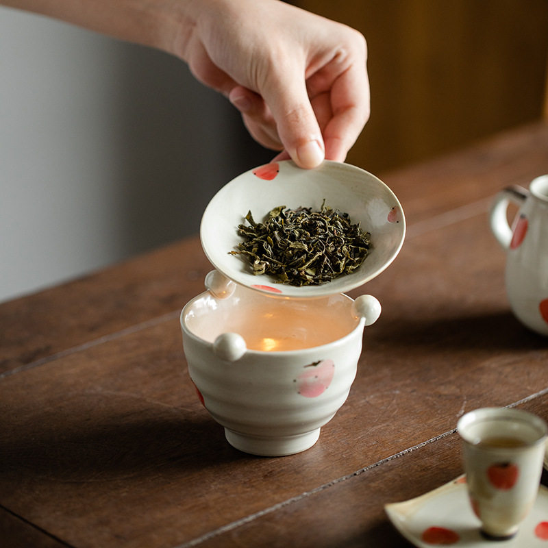 山鼎粉引手绘草莓烤茶炉复古陶瓷蜡烛炉烤茶器茶业提香器茶道配件