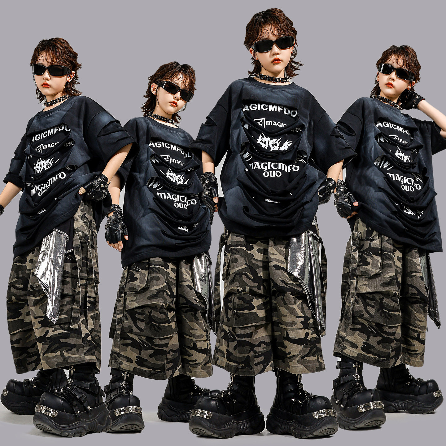 2026新款少儿街舞服装嘻哈潮服个性破洞架子鼓演出服男童女童迷彩