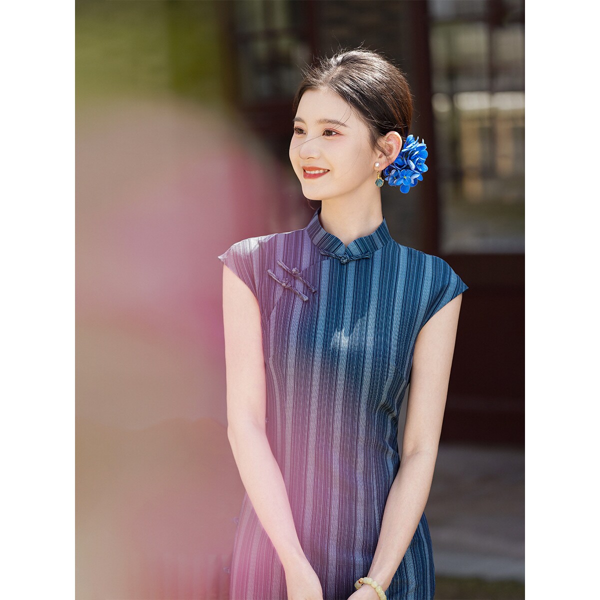 2026新款今典新中式条纹旗袍藏青色新中式优雅年轻款夏季女高