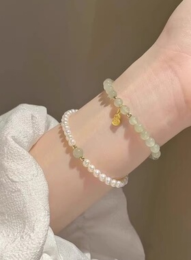 福牌和田玉手串女新款珍珠串珠手链轻奢时尚小众精致闺蜜手饰