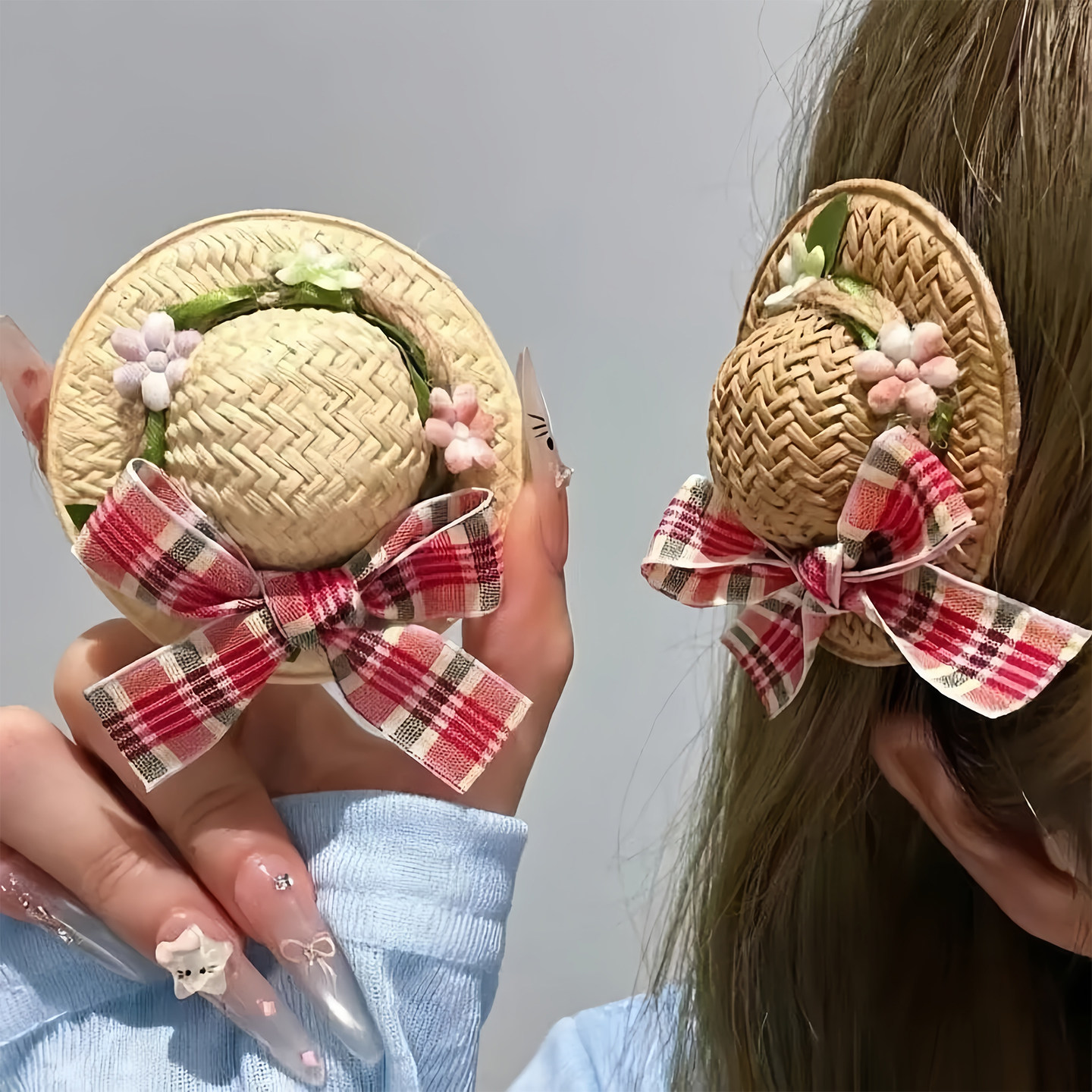 高颜值百搭发卡可爱蝴蝶结草编小帽发夹甜美风少女碎发刘海夹森系