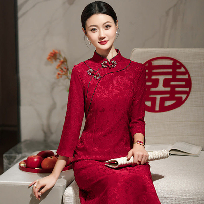 2026新款妈妈装秋冬改良旗袍A版连衣裙中长款气质女装修身显