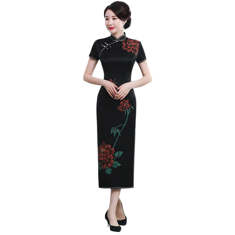 2026新款秋绘画重磅真丝旗袍长款短袖厂家直销大码女装优雅高