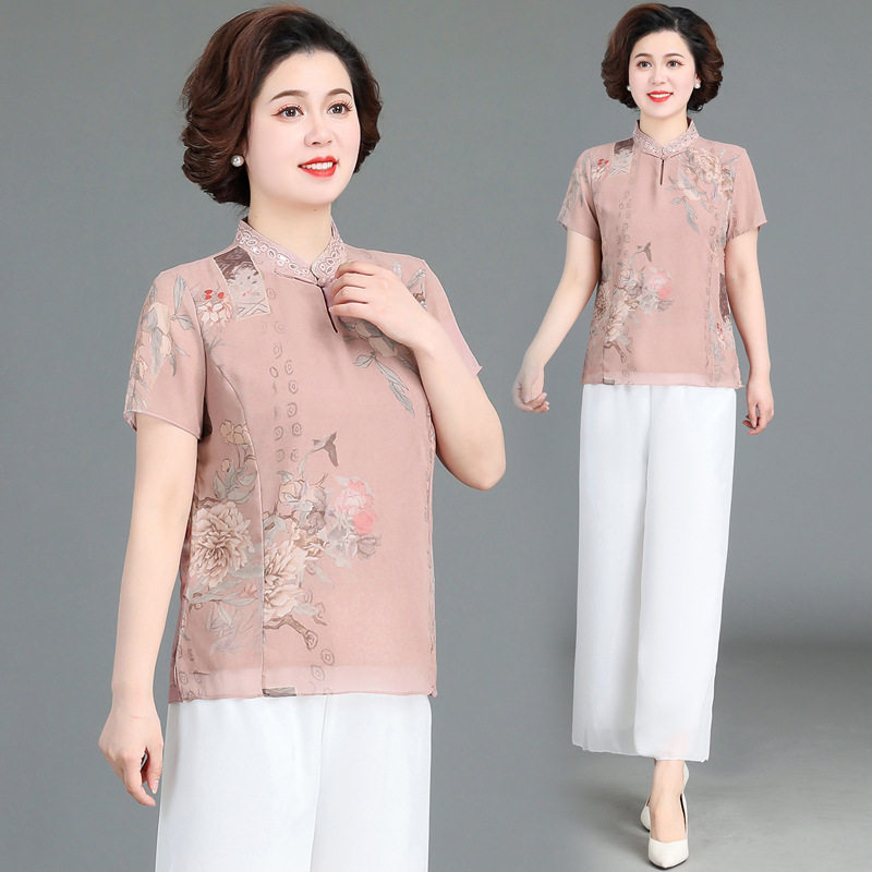 2026新款中年妈妈夏装套装洋气雪纺衫中老年女夏季短袖T恤上