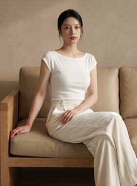 短袖女t恤夏修身2026新款船型一字领时尚百搭螺纹白色正肩上衣女