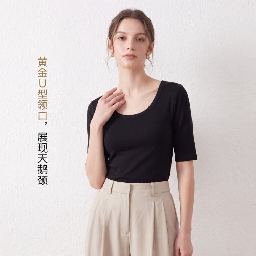 黑色五分袖t恤女修身打底衫内搭