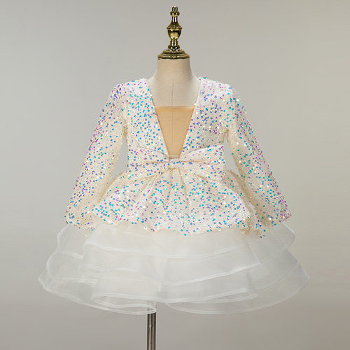 2026新款花童礼服速卖通跨境粉色亮片女童蓬蓬纱裙儿童长袖周岁礼