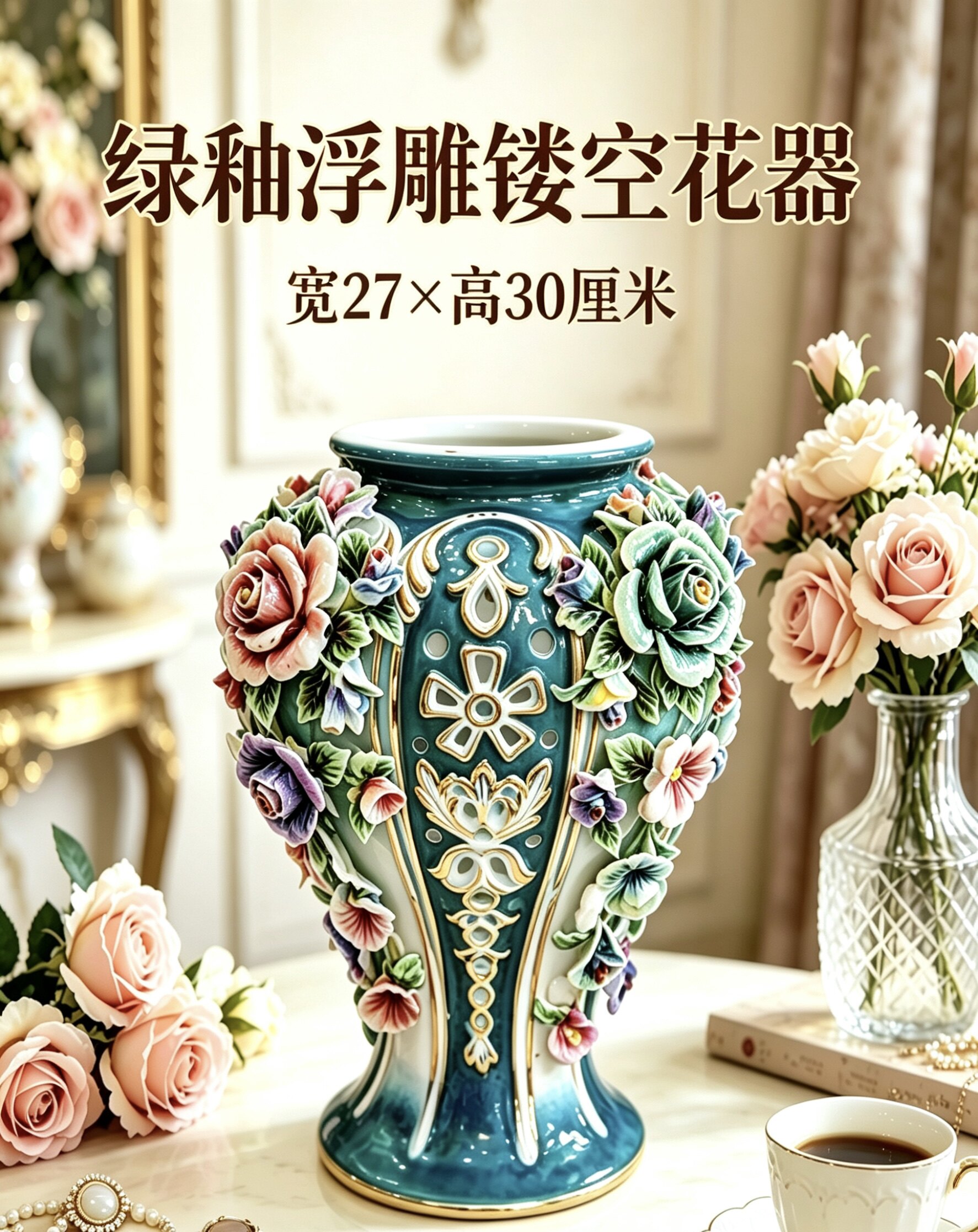 陶瓷摆件&bull;绿釉浮雕镂空花器&bull;大号27&times;30厘米  一器多用多生美学