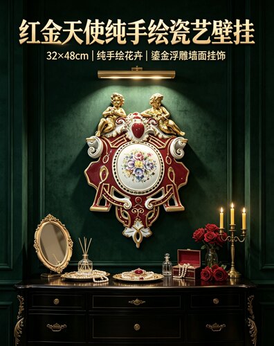 陶瓷墙挂•红金天使纯手绘瓷艺壁挂•32×48厘米 中古瓷器 孤品