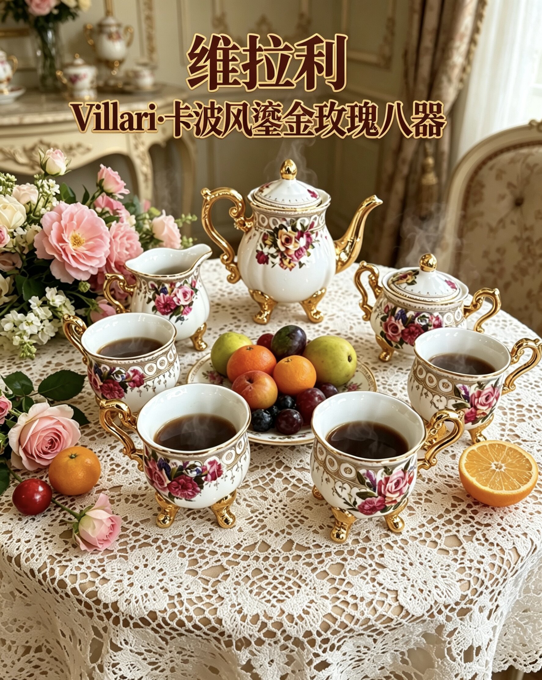 陶瓷摆件•维拉利 Villari·卡波风鎏金玫瑰八器•早茶下午茶咖啡