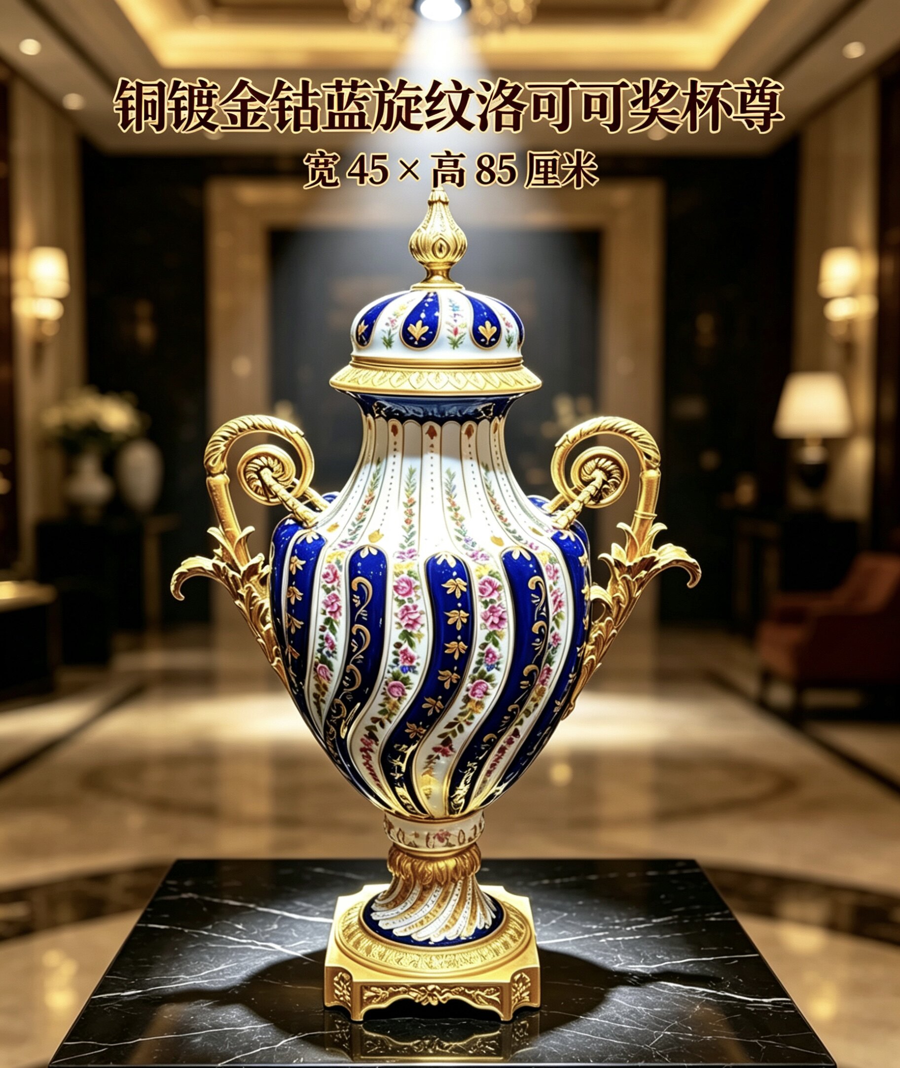 陶瓷摆件&bull; 铜镀金钴蓝旋纹洛可可奖杯尊&bull; 45&times;85厘米 中古瓷器