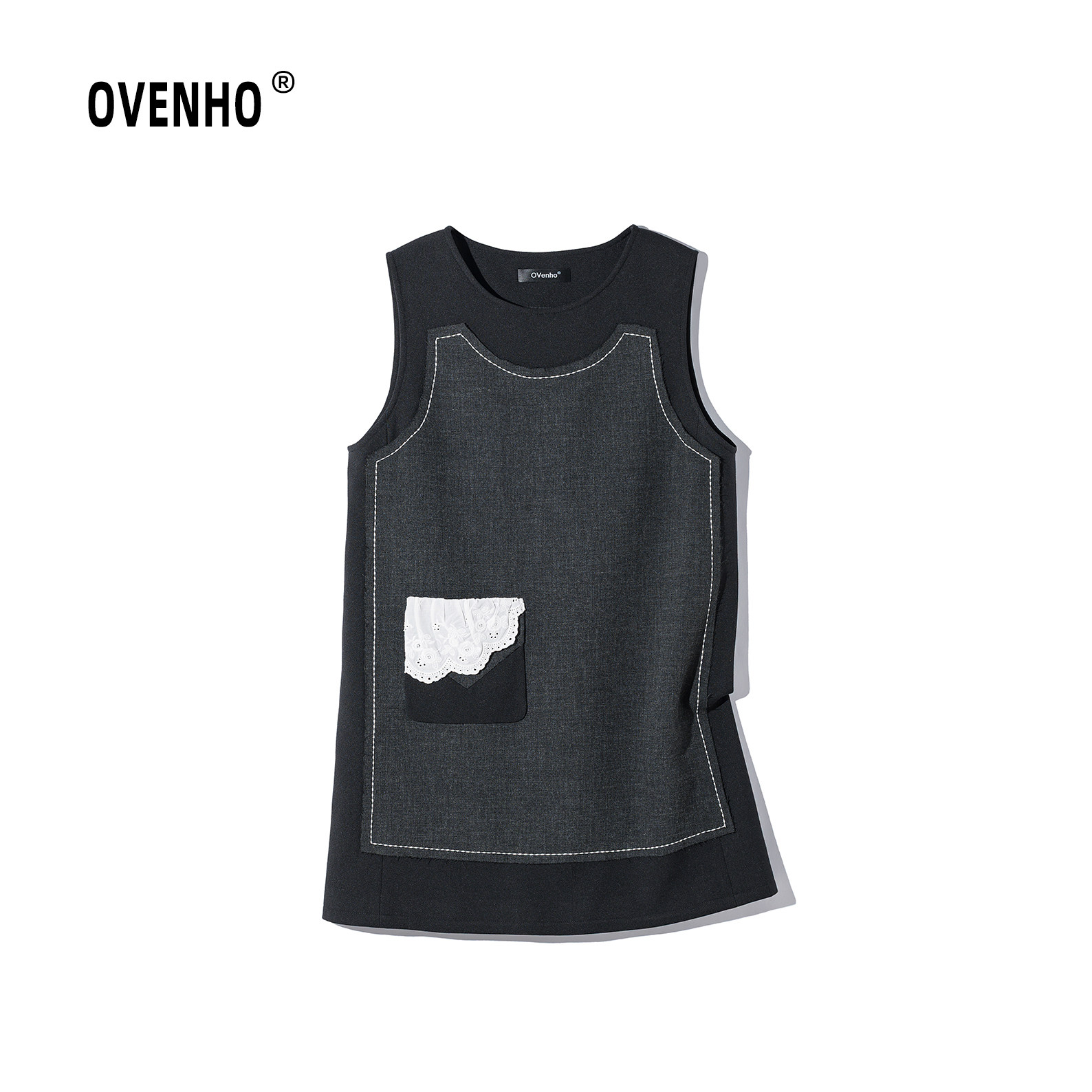 OVENHO文厚 香罗芰扇蕾丝拼接撞色工艺线减龄背心裙