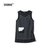 OVENHO文厚 香罗芰扇蕾丝拼接撞色工艺线减龄背心裙