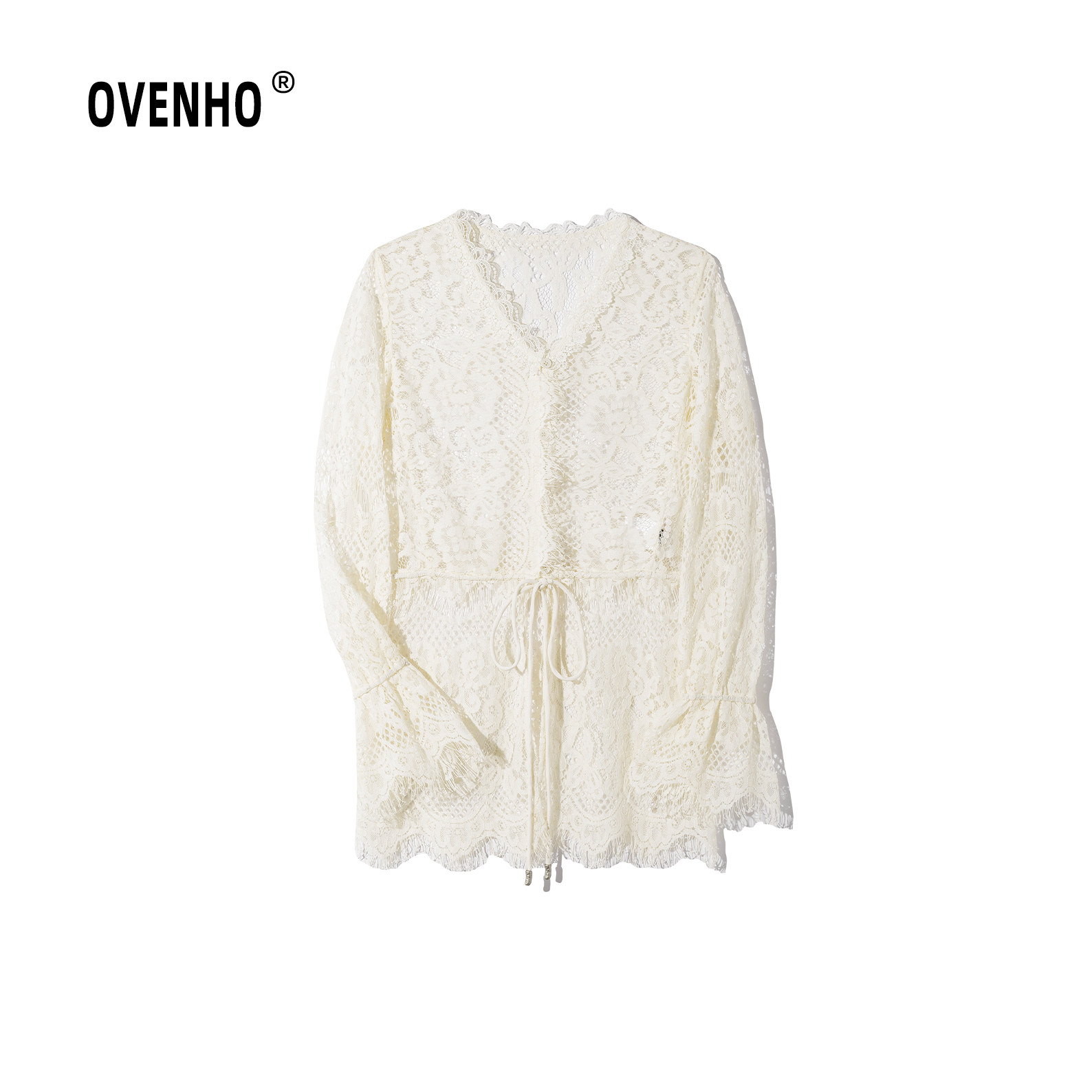 OVENHO文厚 独听桓筝百搭V领叠穿镂空蕾丝开衫