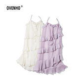 OVENHO文厚 游丝千丈浪漫荷叶边褶皱飘带天丝吊带连衣裙