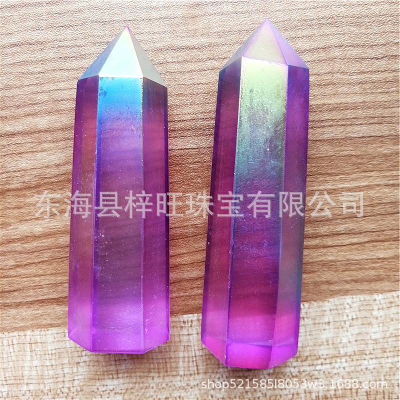批发白水晶原石电镀工艺彩色六棱单尖柱能量风水桌面装饰品