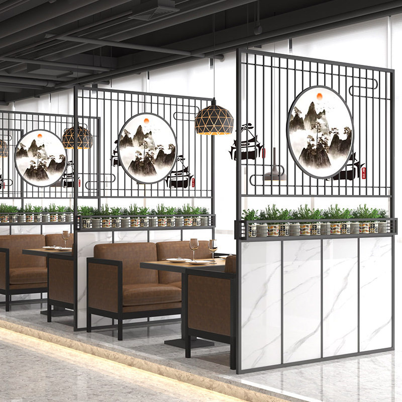 现代铁艺实木围栏酒吧隔栏工业风屏风装饰餐厅卡座绿植隔断墙花架