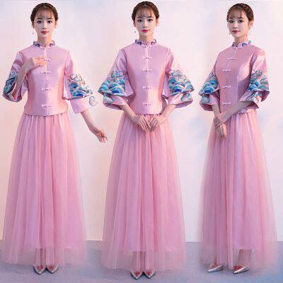 2026新款中式伴娘服长款秋冬季复古立领旗袍裙新娘结婚伴娘长裙显
