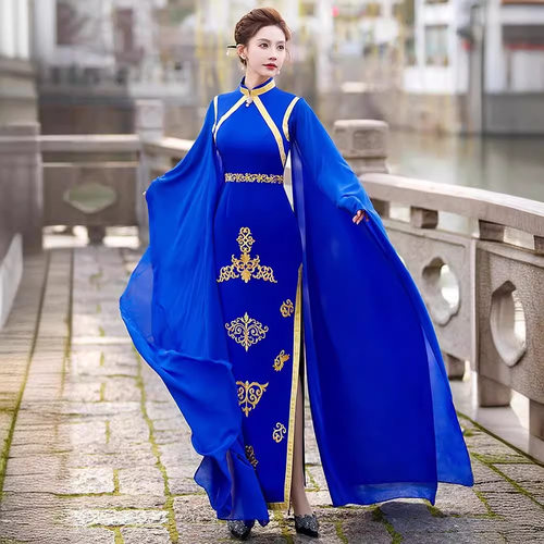 2026新款走秀旗袍宝蓝大飘袖演出服刺绣披风中国风优雅演出服夏高