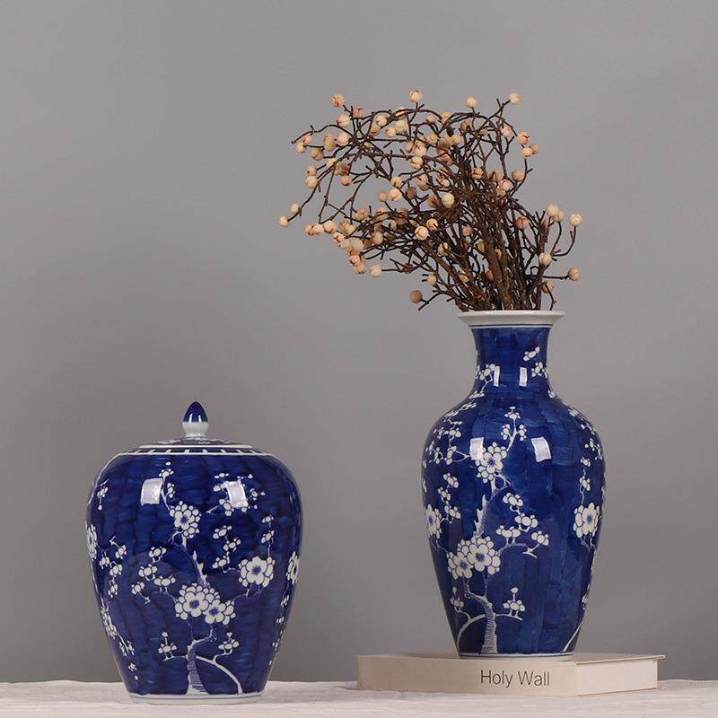 中式青花瓷冰梅汾水陶瓷花瓶客厅创意插花摆件样板房装饰品软装