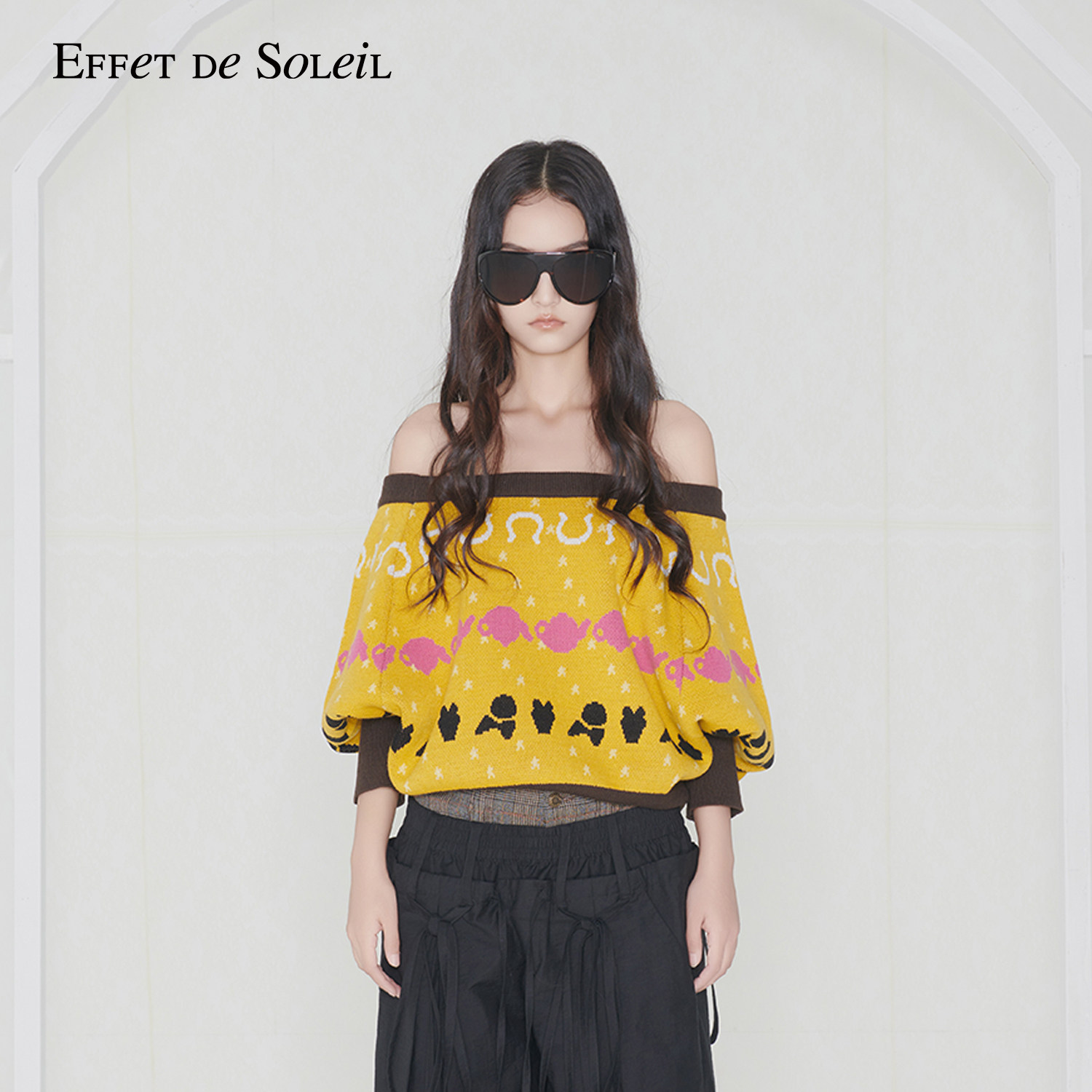 【明星同款】Effet de Soleil复古一字肩毛衣露肩针织上衣女新品
