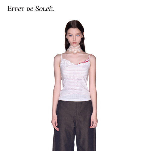 Effet de Soleil条纹蕾丝拼接印花吊带背心上衣女新品26秋