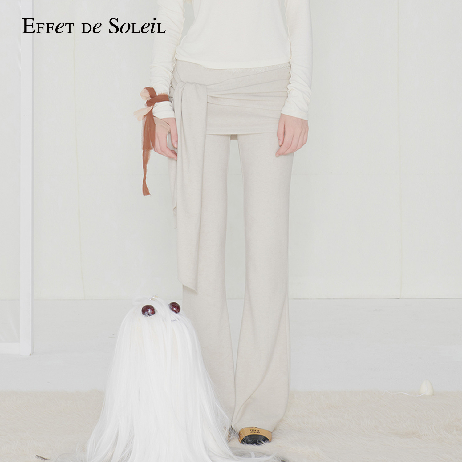 Effet de Soleil假两件绑带裙裤女蕾丝拼接长裤微喇裤新品