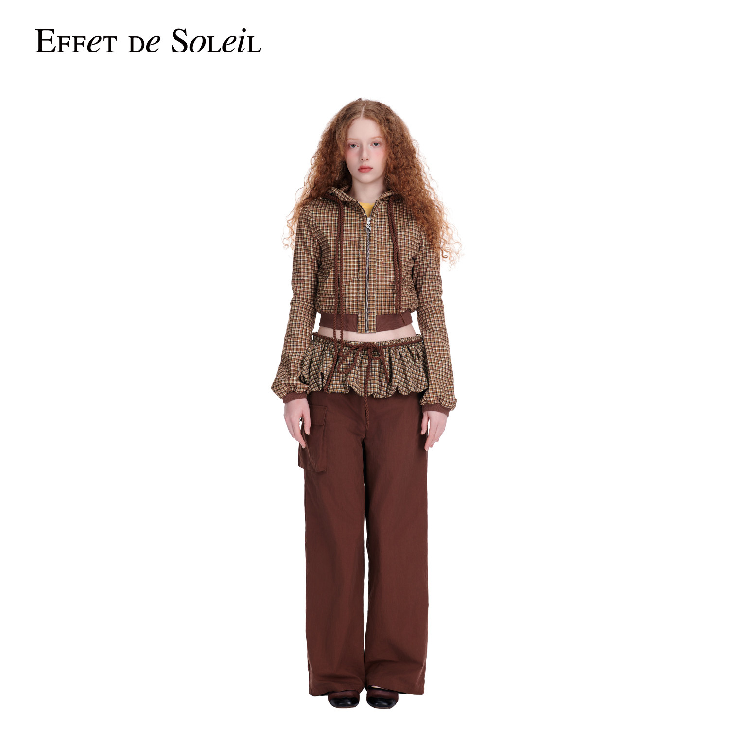 Effet de Soleil复古格纹假两件裙裤休闲工装裤女新品26春