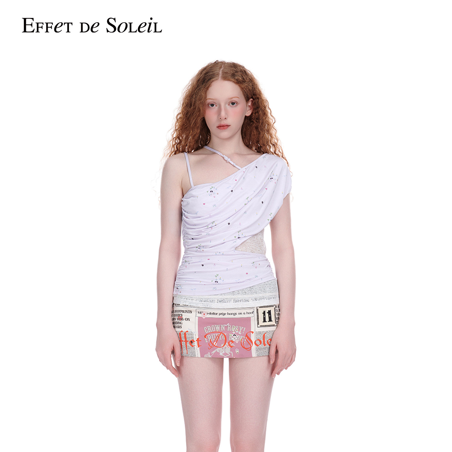 Effet de Soleil蕾丝拼接褶皱斜肩T恤吊带上衣女新品26夏