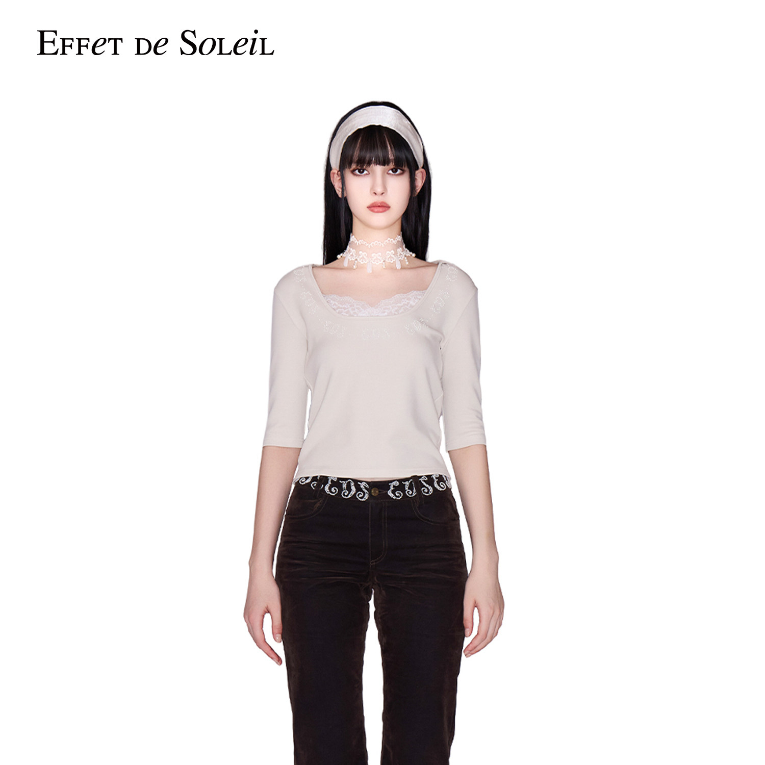 Effet de Soleil蕾丝拼接烫钻T恤中袖上衣女装新品26秋