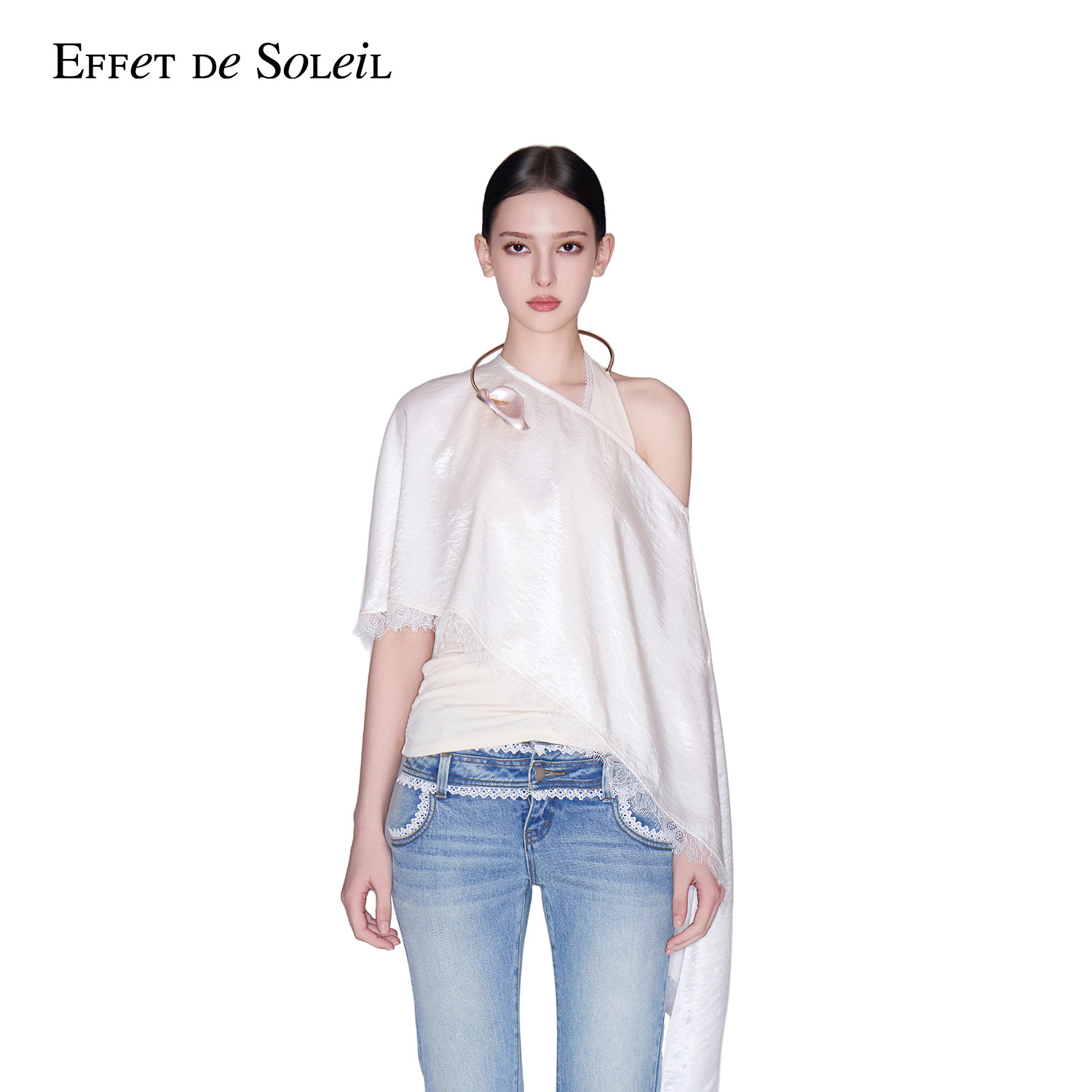 Effet de Soleil缎面光泽蕾丝披肩斜肩上衣女装新品26秋