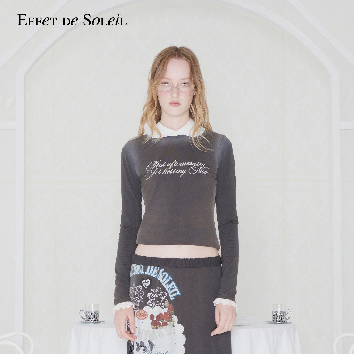 Effet de Soleil中古风印花圆领长袖T恤打底上衣女装新品