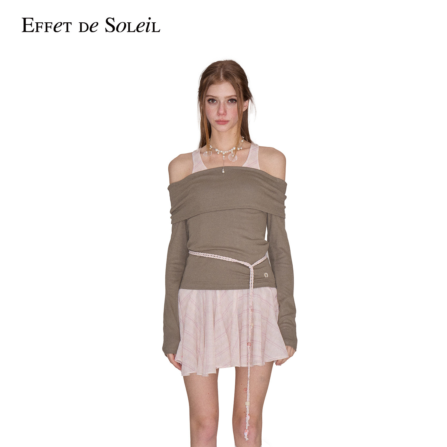 Effet de Soleil一字肩堆褶长袖T恤女露肩上衣新品26春