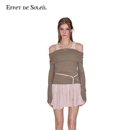 Effet de Soleil一字肩堆褶长袖T恤女露肩上衣新品26春