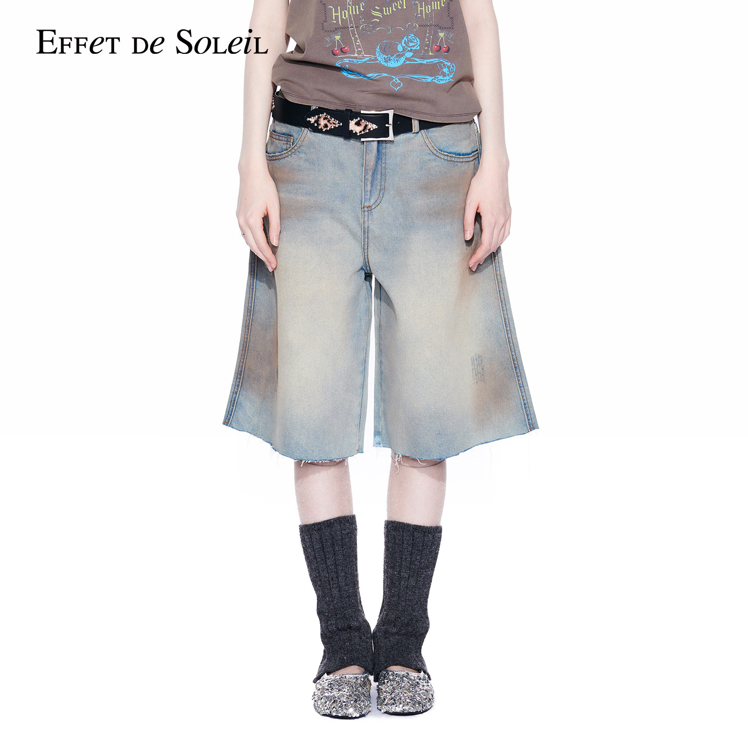 【王玉雯明星同款】Effet de Soleil双腰做旧直筒牛仔短裤中裤女