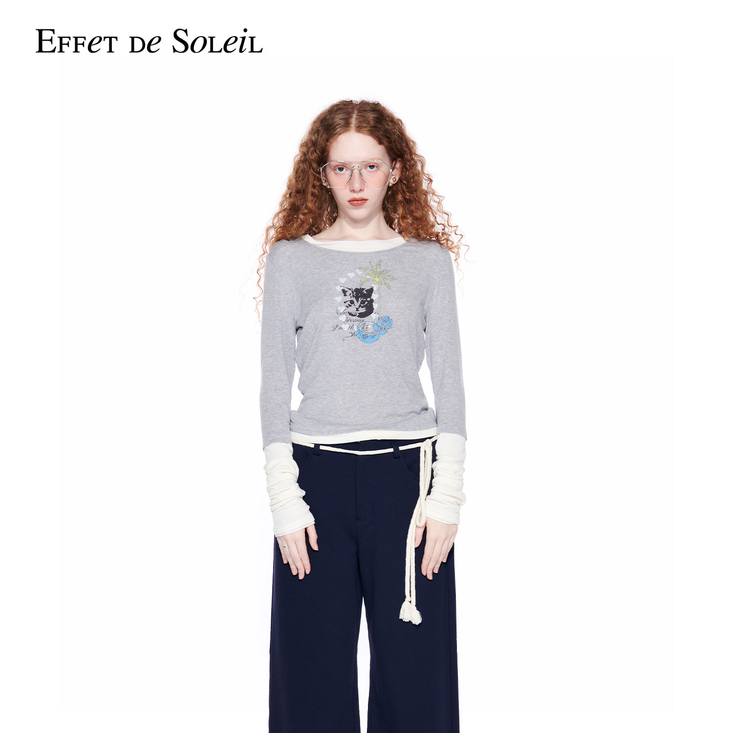 【热销补货】Effet de Soleil假两件正肩长袖T恤女修身打底衫上衣
